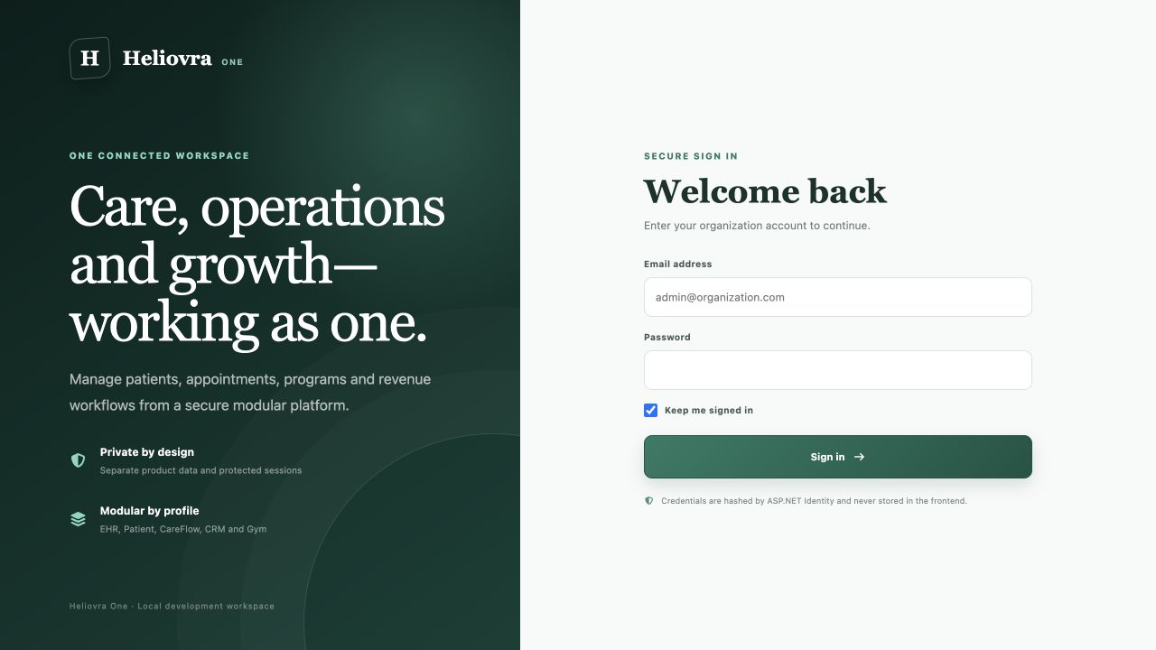 Heliovra One public sign-in screen, showing its product introduction and empty organization login form