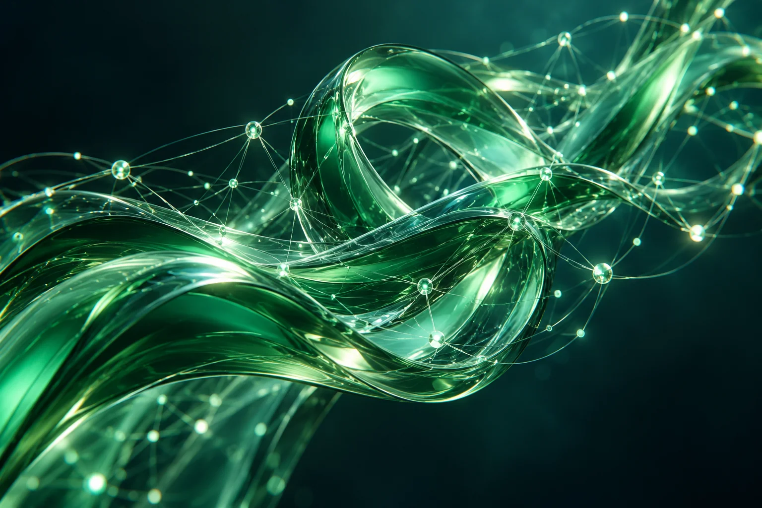 Emerald glass ribbons and connected points representing coordinated workflows