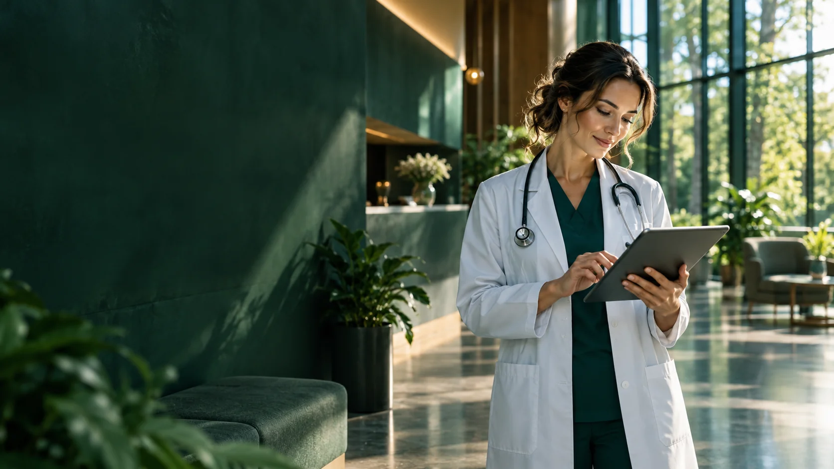 Illustrative scene of a clinician using a tablet in a naturally lit healthcare space