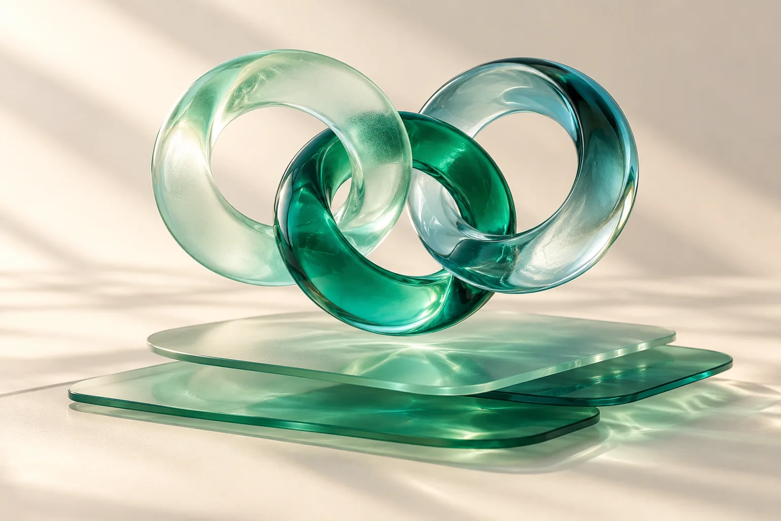 Sculptural emerald glass forms representing connected healthcare workflows